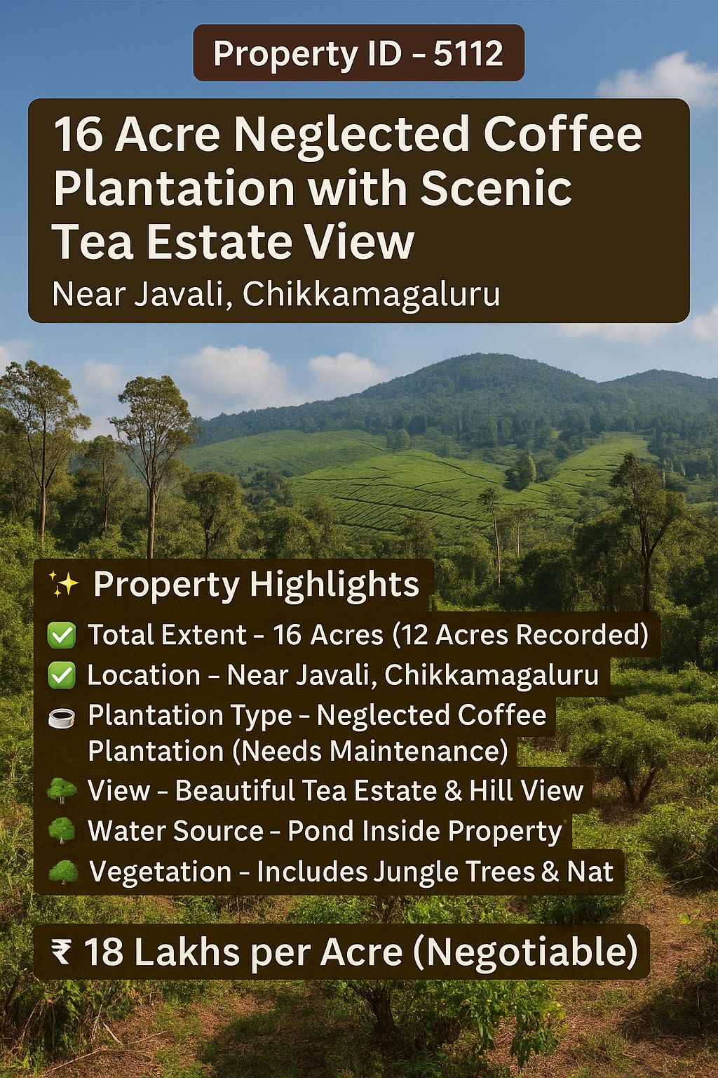 🆔 *Property ID – 5112*  🌿☕ *16 Acre Neglected  Coffee Plantation with Scenic Tea Estate View – Near Javali, Chikkamagaluru* 🌄